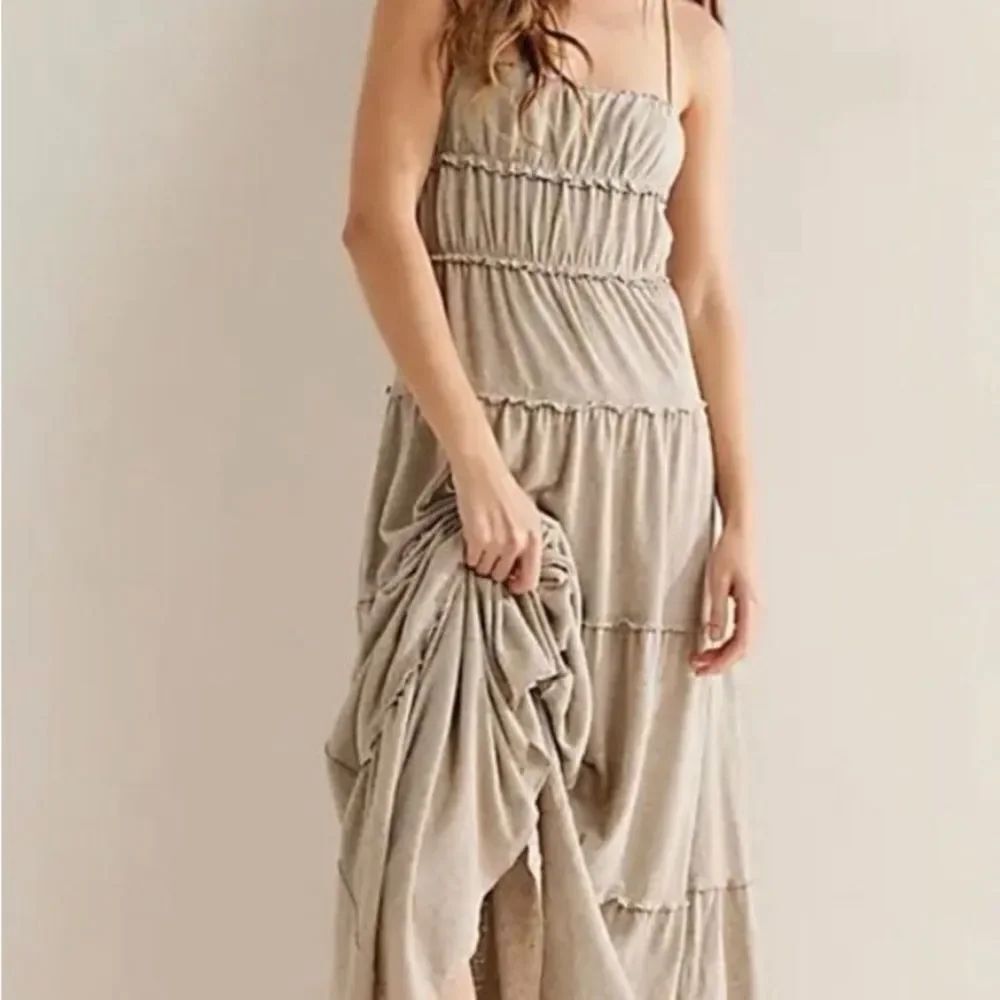 Free People free-est Brooke tiered maxi dress- Snowing soft gray taupe medium